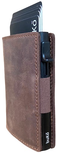 brown leather pop up wallet